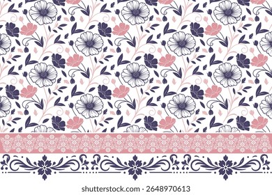 artistic sketch inspired floral repeat with border and line art seamless pattern great for bedding, tablecloths, and wrapping paper

