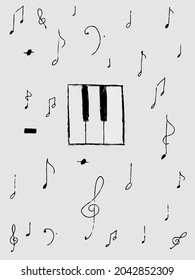 boceto artístico de notas de piano y teclas de piano. notas musicales para imprimir, postales, tarjetas, carteles o textiles. piano de estilo lineal y dibujo de notas.