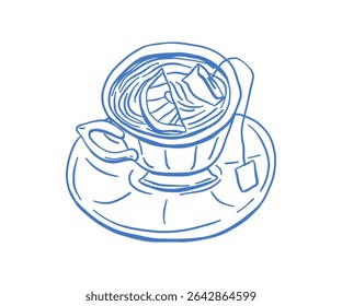 Künstlerische Skizze einer Teetasse mit Zitronenscheibe, handgezeichnet im mediterranen Stil. Ideal für Teemarken, Cafés und Wellness-Projekte, die auf Komfort und Tradition setzen