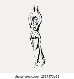 Artistic sketch of a woman dancing, arms raised, wearing a flowing dress. The dancer's graceful pose captures movement and elegance in a minimalist style. Vintage illustration isolated, vector.