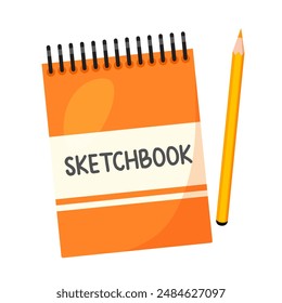 Artistic sketchbook with colorful pencil isolated on white background.
