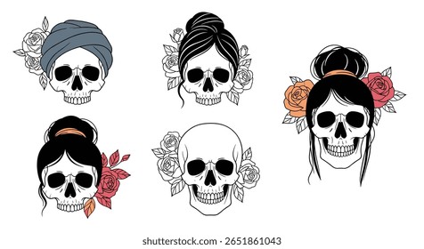 Artistic Skull Illustrations with Floral Hair Accents for Creative Designs