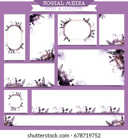 Artistic social media post and headers with watercolor floral elements.