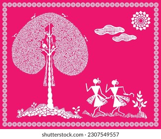 Artistic Splendor: Captivating Beauty of Warli Paintings. Enchanting Elegance: The Allure of Warli Artistry. Tree Warli Painting, Wallpaper illustration, warli art, Vector.