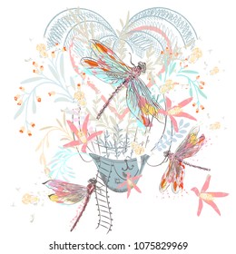 Artistic spring design for T-shirts with air balloon, florals and dragonfly