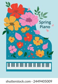 Artistic Spring poster with blue piano leaves, flowers and text, on a light blue  background. Modern geometric style. For music magazines; banners; banners; invitation cards