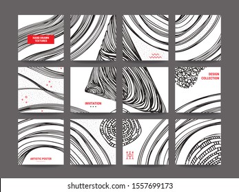 Artistic square templates collection for poster, flyer, social media stories, web banner with hand drawn abstract textures, freehand geometric symbols, tribal patterns. Isolated vector set.