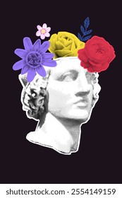 Artistic statue head collage with halftone flowers. Art classes poster, creative ideas concept. Trendy graphic on black background.