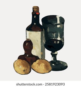 Artistic still life of a wine bottle, glass, and potatoes. Vintage wine and rustic potatoes create a classic still life composition. Elegant wine, simple potatoes. Vintage food illustration vector.