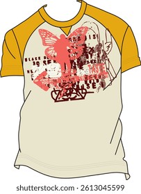 Artistic streetwear t-shirt design with abstract collage, butterfly wings, silhouette, and grunge urban elements.