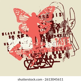 Artistic streetwear t-shirt design with abstract collage, butterfly wings, silhouette, and grunge urban elements.