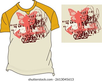 Artistic streetwear t-shirt design with abstract collage, butterfly wings, silhouette, and grunge urban elements.