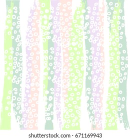 Artistic striped background with brush freehand texture and doodle bubbles. Lime green, peach, purple, navy green. Wedding, anniversary, birthday, greeting card, cover design, wraps, wallpaper. Vector