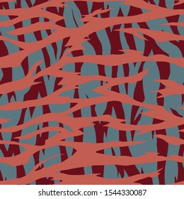Artistic striped seamless pattern. Flat silhouette of animal skin tiger leopard fur print. Torn borders. Background with wavy abstract stripes. Fashion design for textile, fabric, wrapping, surface.