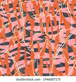 Artistic striped seamless pattern. Flat silhouette of animal skin tiger zebra fur print mixed with contour line drawn tropical palm leaves. Torn borders. Background with wavy abstract stripes.