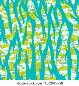 Artistic striped seamless pattern. Silhouette of animal skin zebra tiger fur print. Torn borders. Background with wavy abstract stripes and hatched texture. 