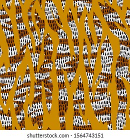 Artistic striped seamless pattern. Silhouette of animal skin zebra tiger fur print. Torn borders. Background with wavy abstract stripes and hatched texture. 