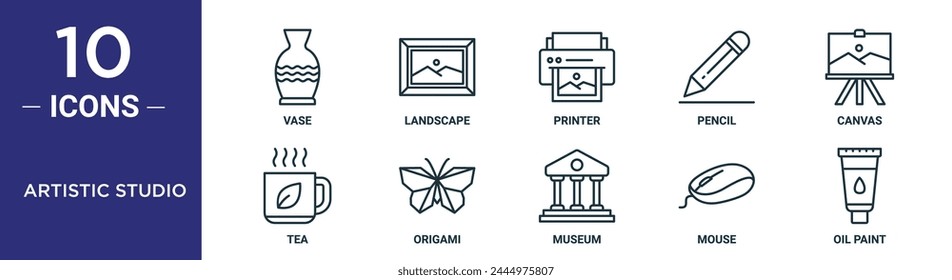 conjunto de iconos de contorno de estudio artístico incluye florero de línea fina, paisaje, impresora, lápiz, lienzo, té, iconos de origami para informe, presentación, diagrama, Diseño web