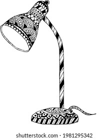 Artistic study lamp vector illustration line drawing with creative henna and floral style pattern on it. Beautiful vintage night standing lamp with bulb and flora design.