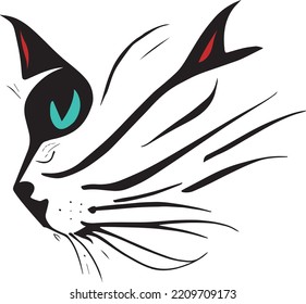 Artistic style drawing of a cat with black and white stripes. Close-up creative design vector illustration for tattoo, sticker, poster.