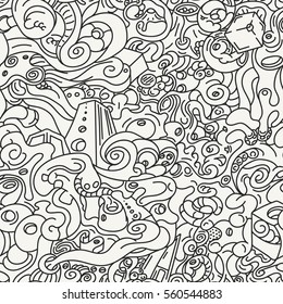 Artistic stylish hand drawn psychedelic painting with abstract elements in trendy outlined style. Monochrome texture ready for coloring and perfect for prints and wallpapers. Vector seamless pattern.