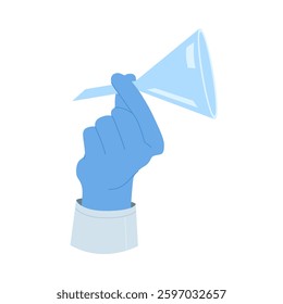 An artistic and stylized graphic representation of a blue hand securely holding a laboratory funnel firmly