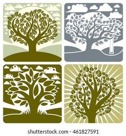 Artistic stylized natural landscape with clouds and stylized sun. Set of vector trees, can be used as ecology and environmental conservation concept. 