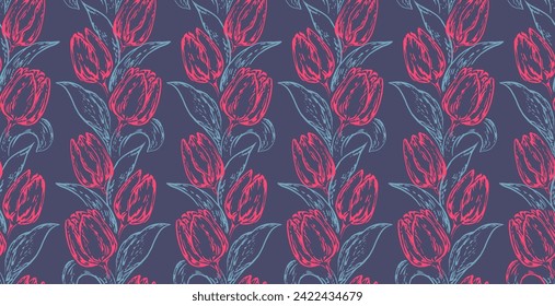 Artistic stylized shapes branches tulips with leaf intertwined in a seamless pattern. Vector drawn illustration red lines outlines flowers and blue leaf. Abstract simple botanical on blue background.