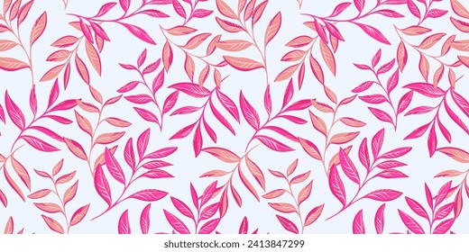 Artistic stylized stems leaves intertwined in a seamless pattern. Vector hand drawn. Creative tropical floral print. Abstract botanical background with pink leaf branches. Design for fashion, fabric