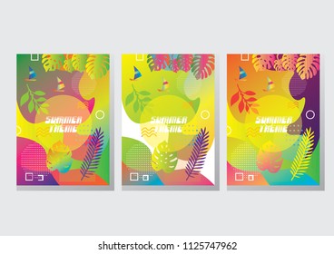Artistic summer cards with bright gradient background,shapes and geometric elements in memphis style.Abstract design cards perfect for prints,flyers,banners,invitations,special offer and more.