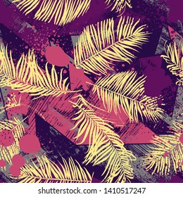 Artistic summer grunge seamless pattern. Backdrop with shabby tropical leaves, grunge texture, splatter, brush strokes. Hand drawn abstract floral illustration.
