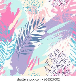 Artistic summer grunge seamless pattern. Multicolored background with shabby tropical leaves, grunge texture, splatter, brush strokes. Hand drawn abstract floral illustration. Vector