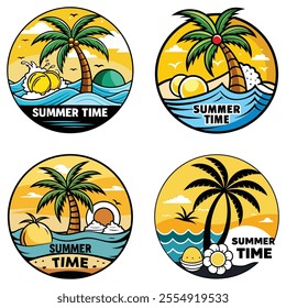 An artistic summer T-shirt design featuring a tropical palm tree with coconuts, calming ocean waves, seashell accents, and bold 'Summer Time' text in a vibrant yellow circle. A perfect mix of retro an