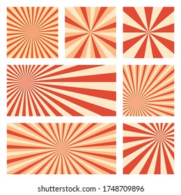 Artistic sunburst background collection. Abstract covers with radial rays. Astonishing vector illustration.