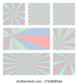 Artistic sunburst background collection. Abstract covers with radial rays. Authentic vector illustration.