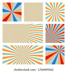 Artistic sunburst background collection. Abstract covers with radial rays. Radiant vector illustration.