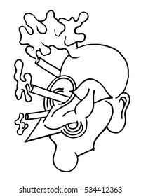 Artistic surreal outline drawing. Surrealistic black and white head