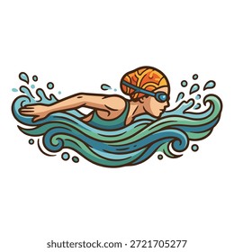 Nadador artístico con ilustración de diseño plano de ondas azules dinámicas