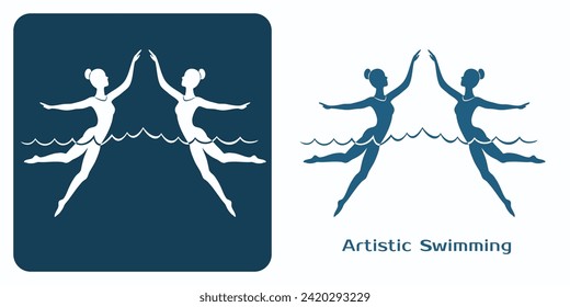 Artistic swimming emblem. Women athletes synchronized performance icons. Artistic or swimming emblem. Women athletes synchronized performance icons. Water ballet duet. Vector illustration. 