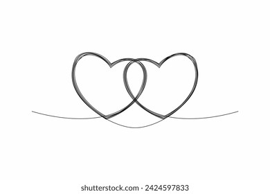 Símbolo artístico de dos corazones unidos de una línea de dibujo a mano. Elemento de diseño para la boda, San Valentín, tarjeta, amor, pareja, dos corazones. 