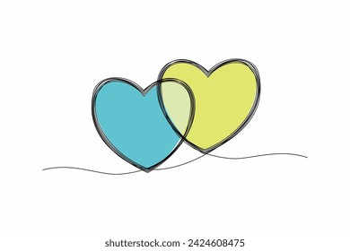 Símbolo artístico de dos corazones enlazados de una línea dibujando a mano con manchas de acuarela. Elemento de diseño para la boda, San Valentín, tarjeta, amor, pareja, dos corazones. Icono de corazones rústicos. 