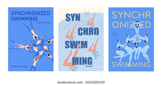 Equipes de natação sincronizadas artísticas, desempenho subaquático, conjunto de cartazes. Balé aquático em piscina com grupos de atletas femininos, cartas. Competição de esportes de verão. Ilustrações de vetor planas