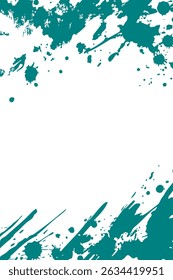 Artistic teal vector paint splatters create a dynamic border on a white background. Ideal for invitations, cards, or modern designs requiring a fresh, abstract frame. Ample copy space.