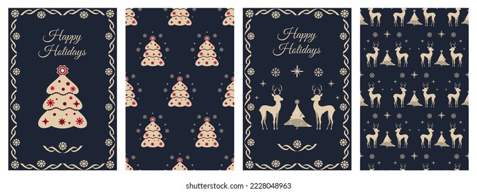 Artistic template for Christmas cards, greetings and corporate invitations with abstract Christmas tree and deers. Stylish graphic design for banner, postcard, poster. Vector illustration...