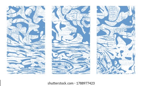 Plantillas artísticas. Resumen del conjunto de fondo del líquido. Superficie riplada azul dinámico, ilusión, curvatura. Pintura líquida en lienzo
