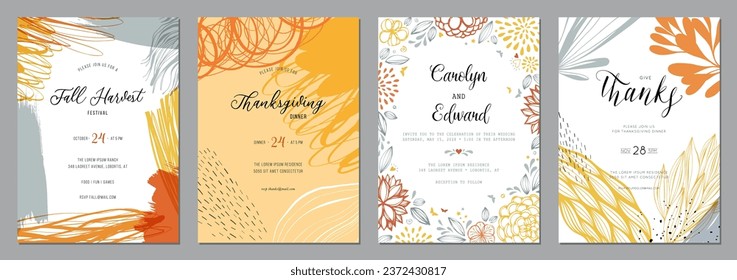 Artistic templates in autumn colors. Suitable for poster, greeting and business card, invitation, flyer, banner, brochure, email header, post in social networks, advertising, events and page cover.