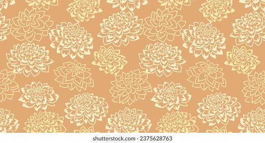 Artistic texture flowers peonies dahlia seamless pattern. Vector hand drawn. Monotone beige print. Template for design, textile, fashion, print, surface design, fabric