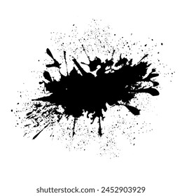 Artistic texture of ink brush strokes, splash stains, callouts. Black dried paint is splattered in disarray. Isolated black ink stencil for graphic design, text boxes.