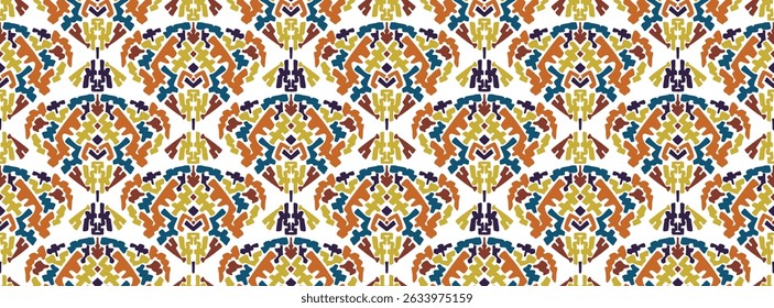 Artistic textured vector red, blue and orange hand drawn squiggle shapes seamless pattern with Aztec motif. Funky decorative African tribal ornament for textile design, wrapping paper, surface