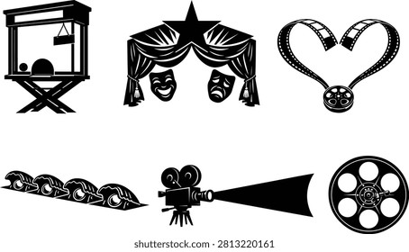 Artistic Theater and Filmmaking Collection Featuring Vintage Projectors Actors Stage Props and Icons.